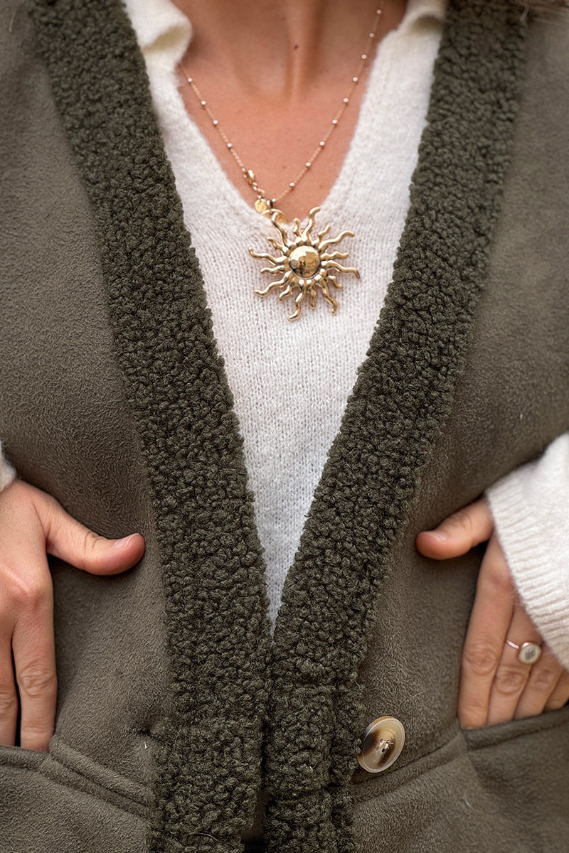 Veste sans manches kaki en suédine et moumoute douce