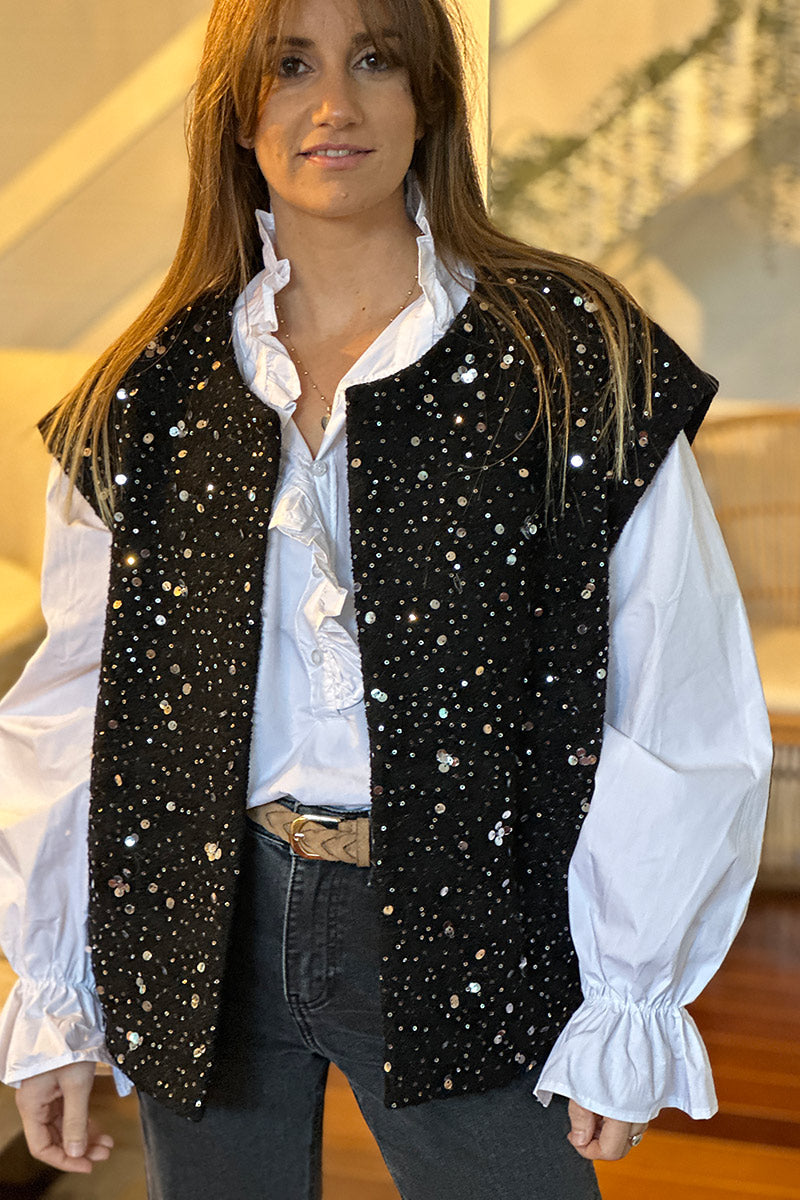 Black Sequined Boucle Knit Vest