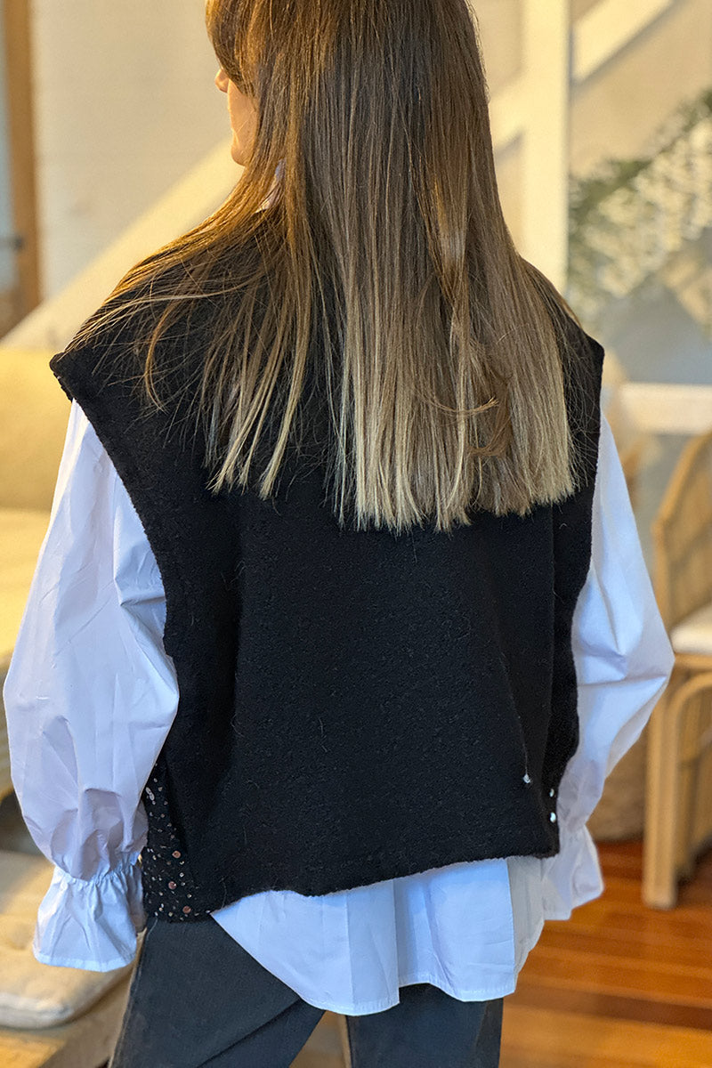 Black Sequined Boucle Knit Vest
