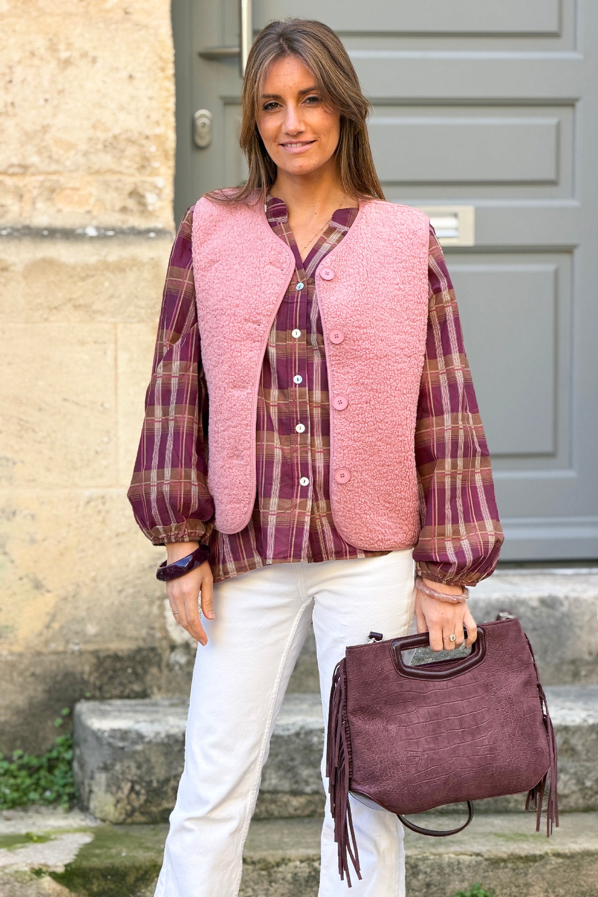 Pink Sherpa Button-Down Vest