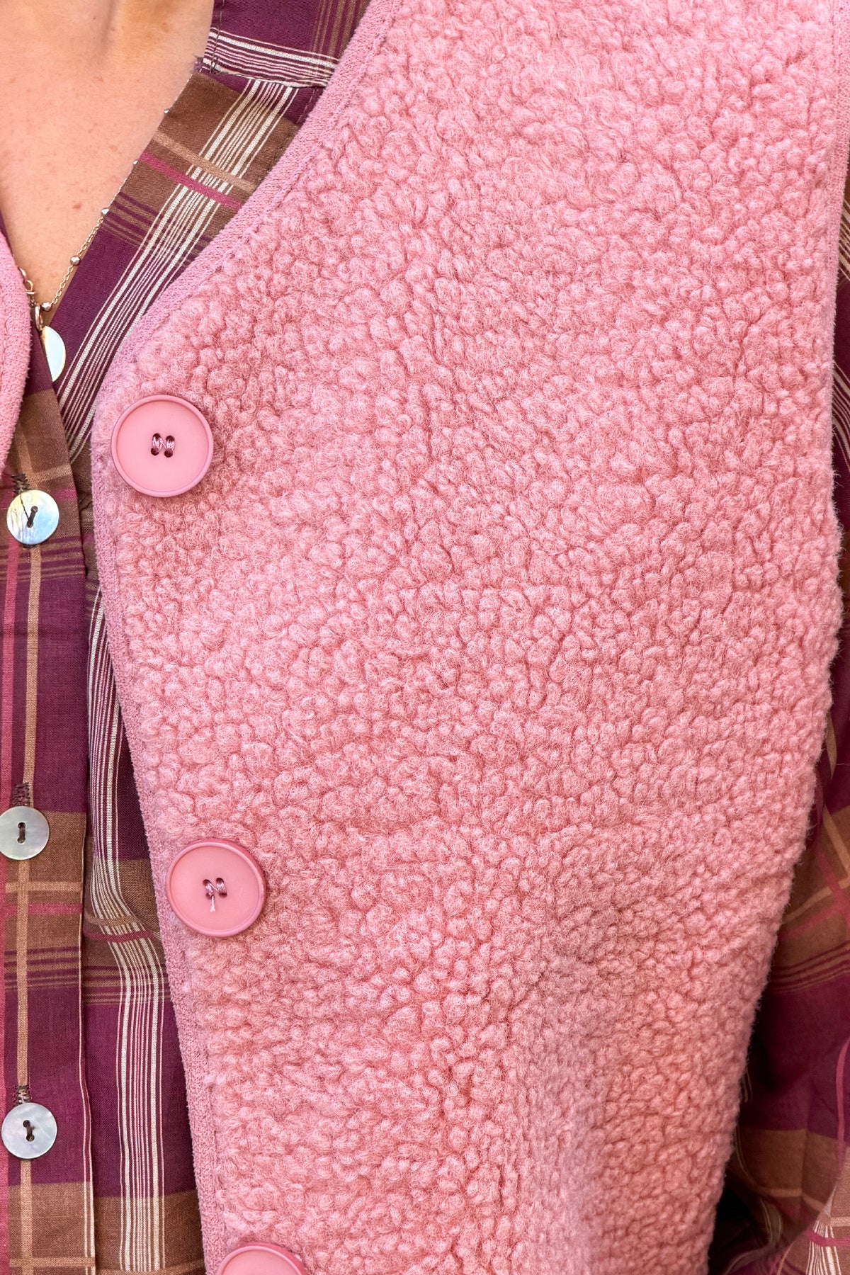 Pink Sherpa Button-Down Vest
