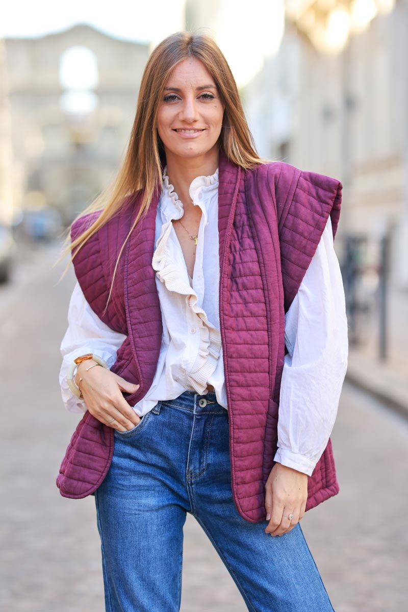 Purple straight cut gilet in crinkle cotton gauze - Horizons Lointains