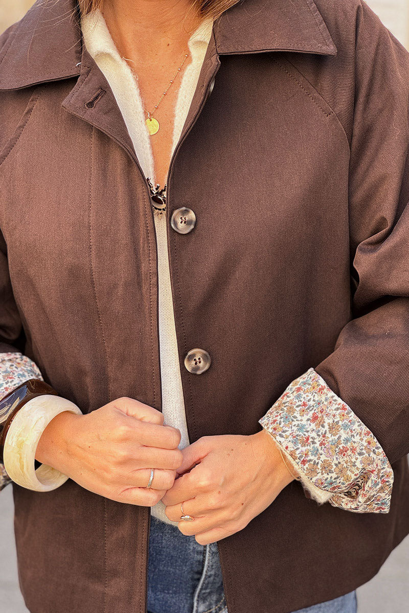 Brown Floral Lined Wind Breaker Jacket