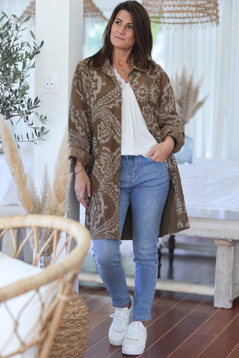 Veste surchemise camel en velours cotele imprime cachemire black friday E091 (6)