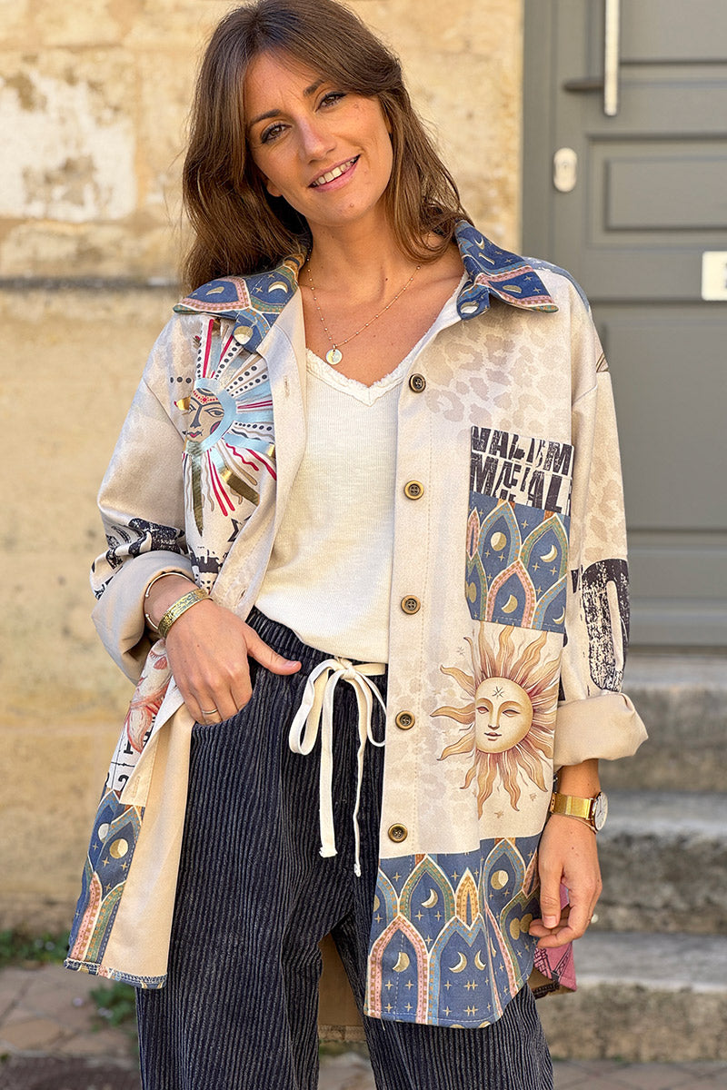 Beige Architectural Mosaic Shirt Jacket