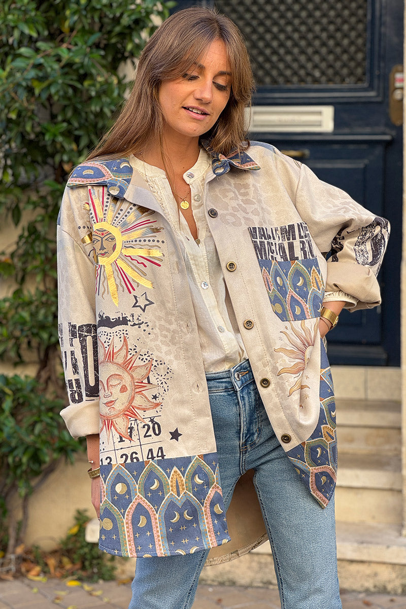 Beige Architectural Mosaic Shirt Jacket