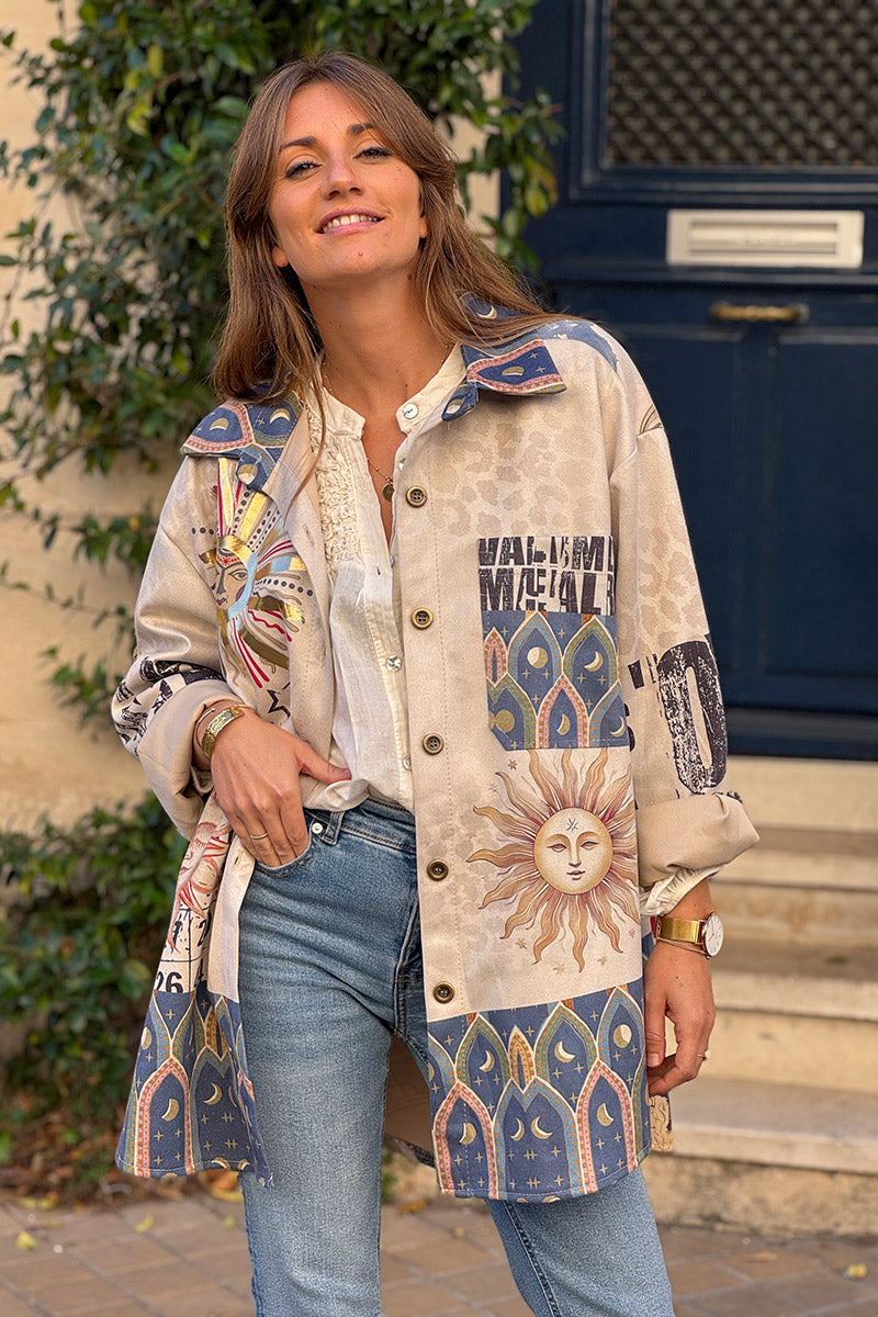 Beige Architectural Mosaic Shirt Jacket