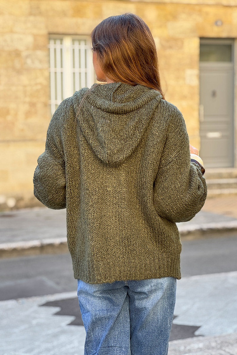 Sage Wool Blend Boucle Knit Zip Hoodie