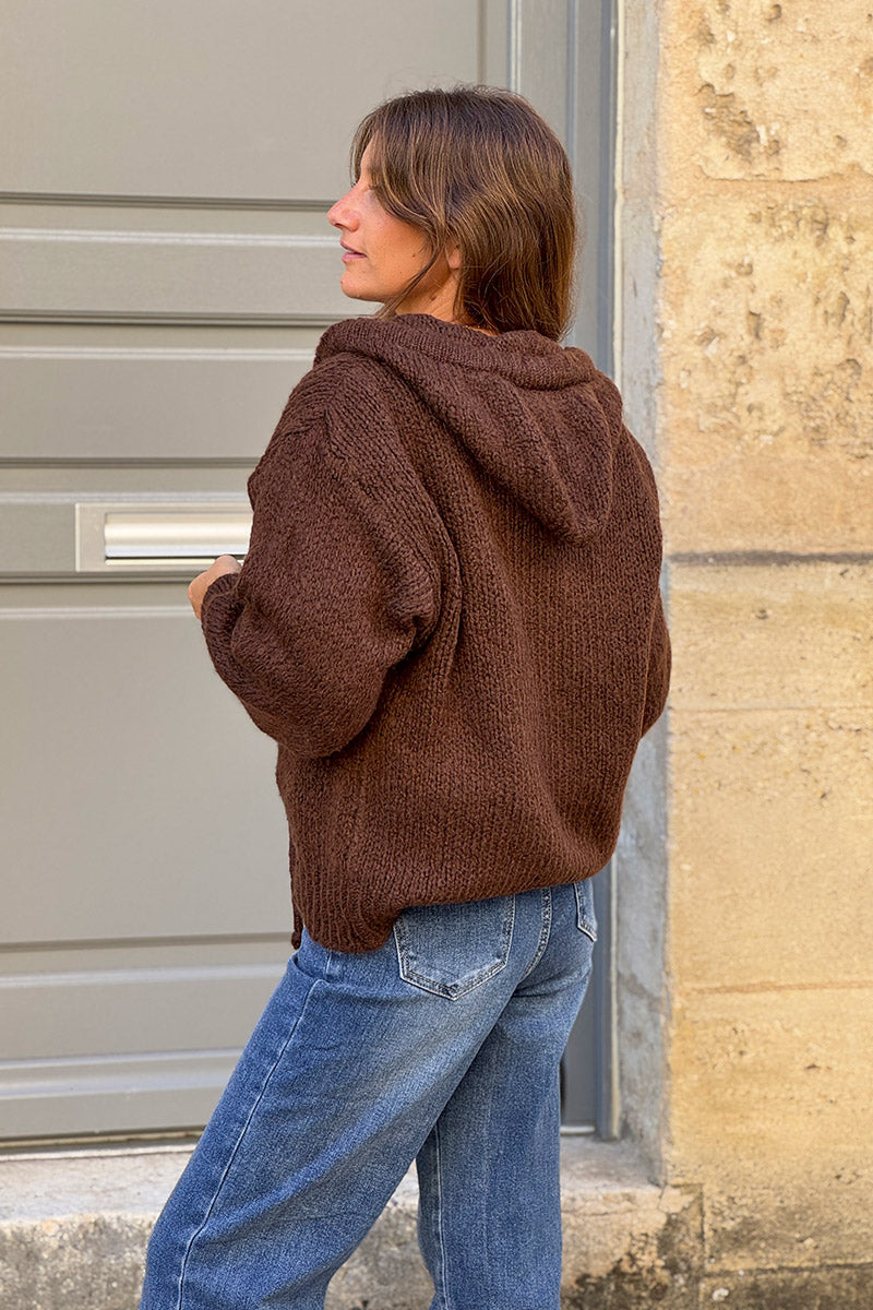 Chocolate Wool Blend Boucle Knit Zip Hoodie