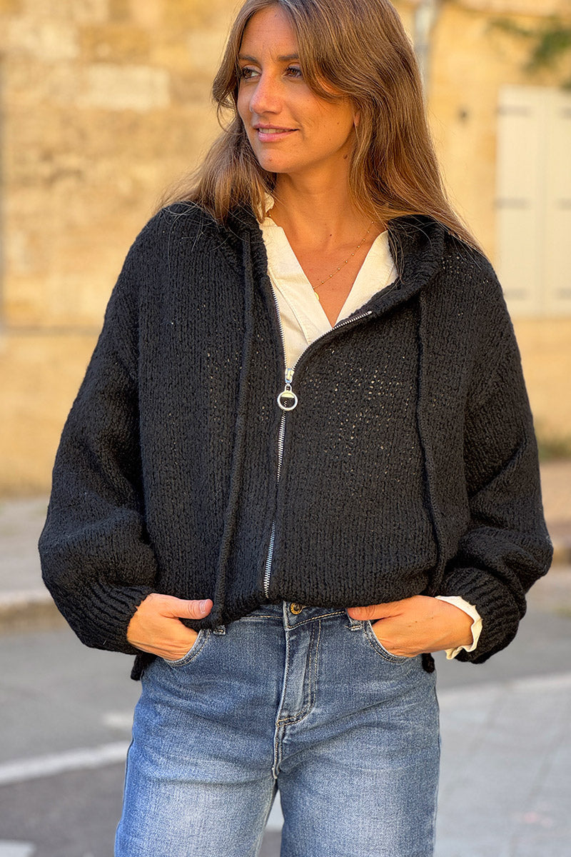 Black Wool Blend Boucle Knit Zip Hoodie