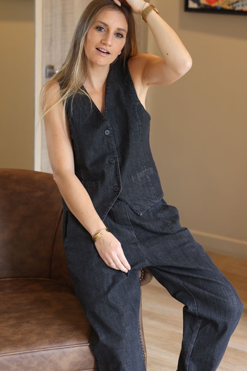 Veston de costume sans manches en jean noir délavé