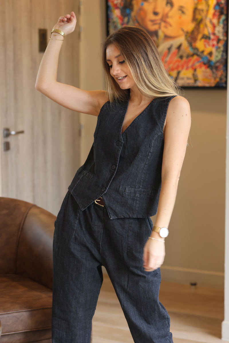 Veston de costume sans manches en jean noir délavé