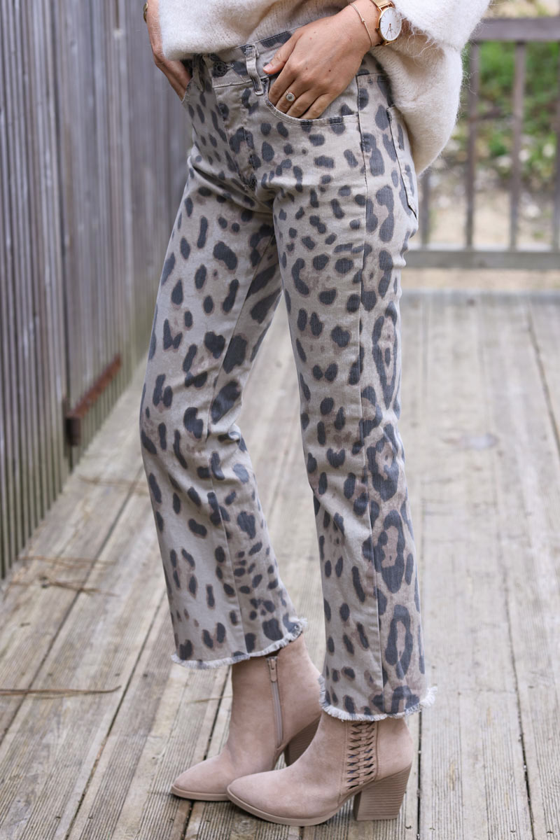 Jean 7/8eme beige imprimé léopard petites franges