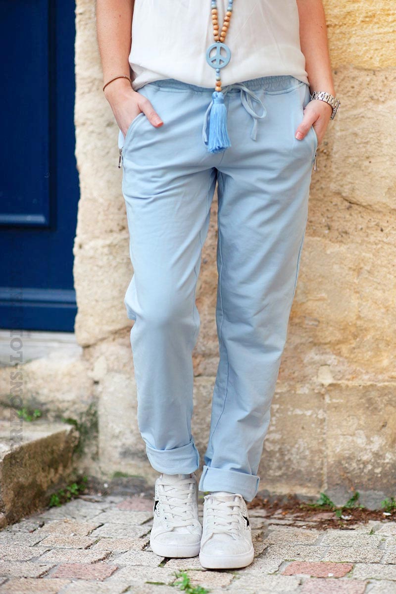 jogging coloré bleu ciel ceinture élastique poches zippées pantalon femme B053