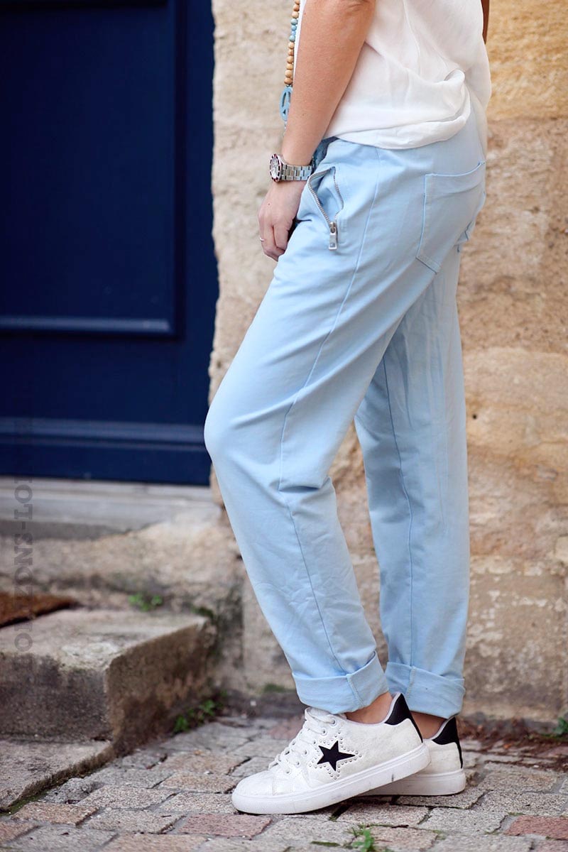 jogging coloré bleu ciel ceinture élastique poches zippées pantalon femme B053