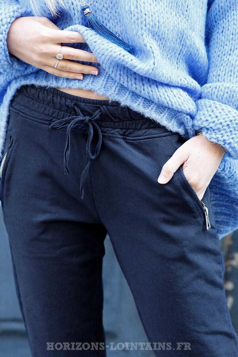 jogging couleur bleu marine ceinture élastique poches zippées pantalon femme B053