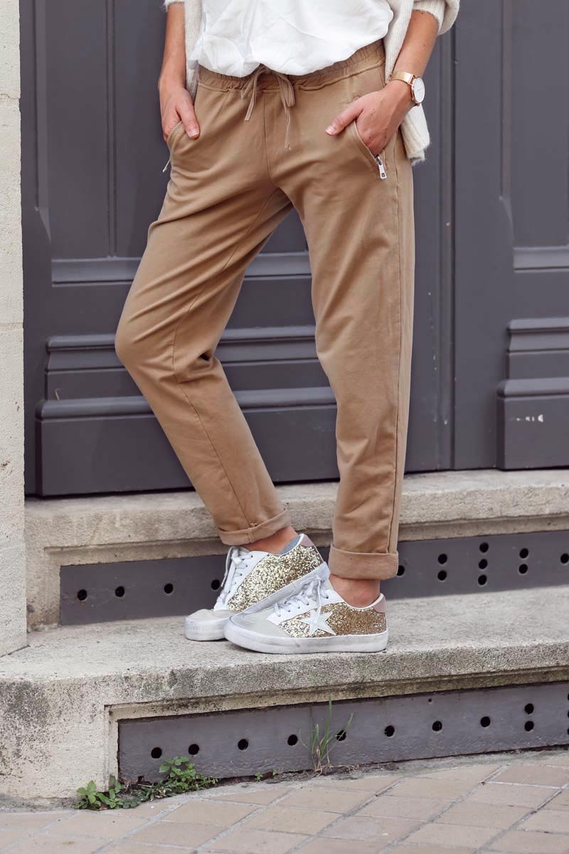 jogging couleur café marron ceinture élastique poches zippées pantalon femme B053