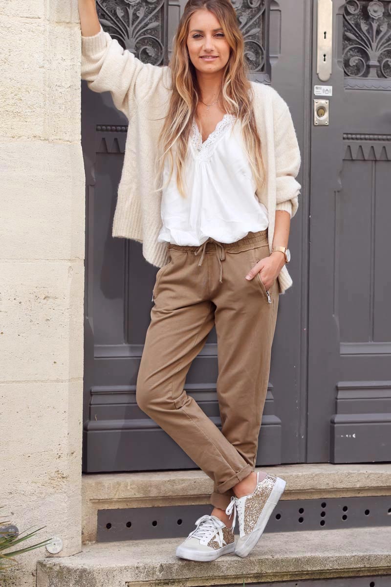 jogging couleur café marron ceinture élastique poches zippées pantalon femme B053