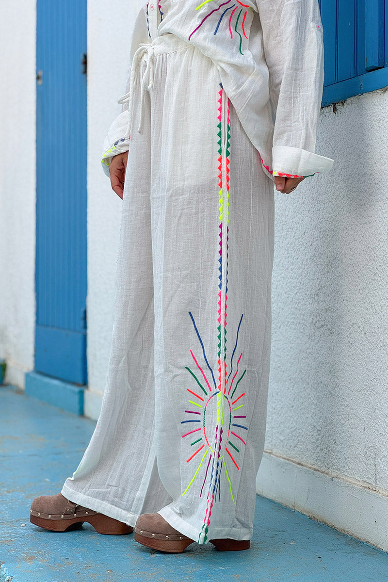 White Neon Embroidered Suns Pull-On Pants