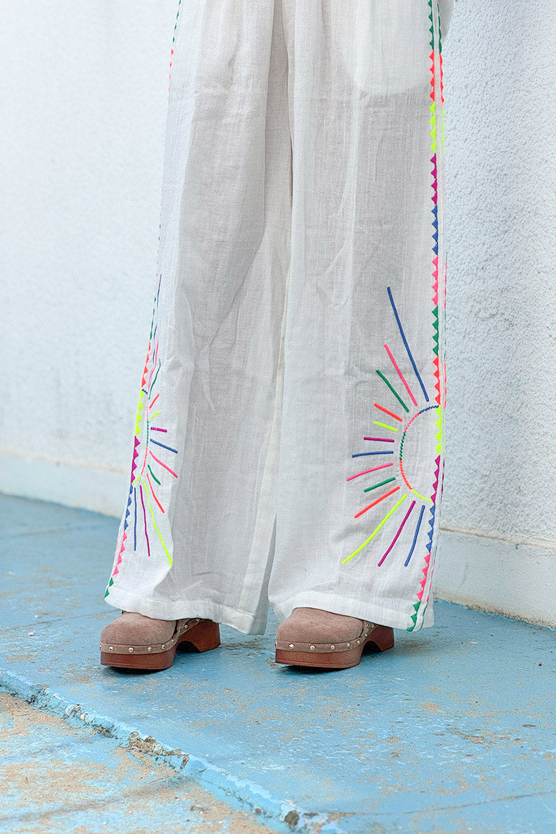 White Neon Embroidered Suns Pull-On Pants
