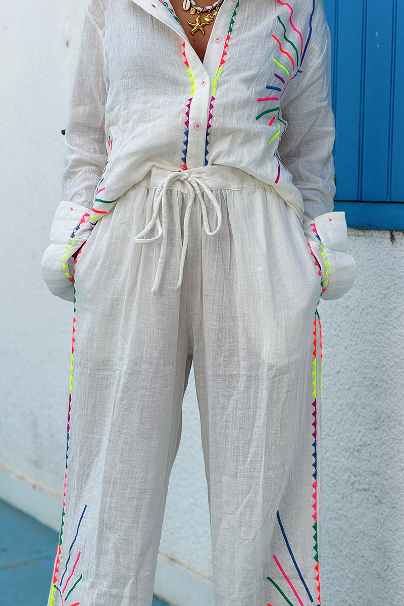 White Neon Embroidered Suns Pull-On Pants
