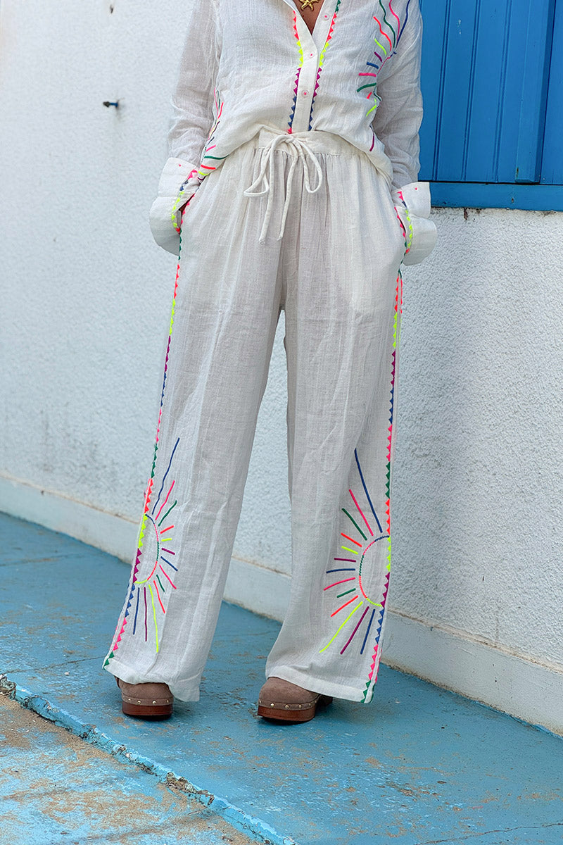 White Neon Embroidered Suns Pull-On Pants