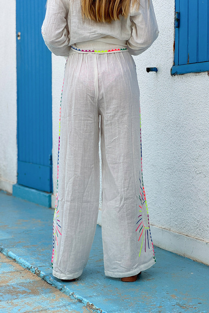 White Neon Embroidered Suns Pull-On Pants