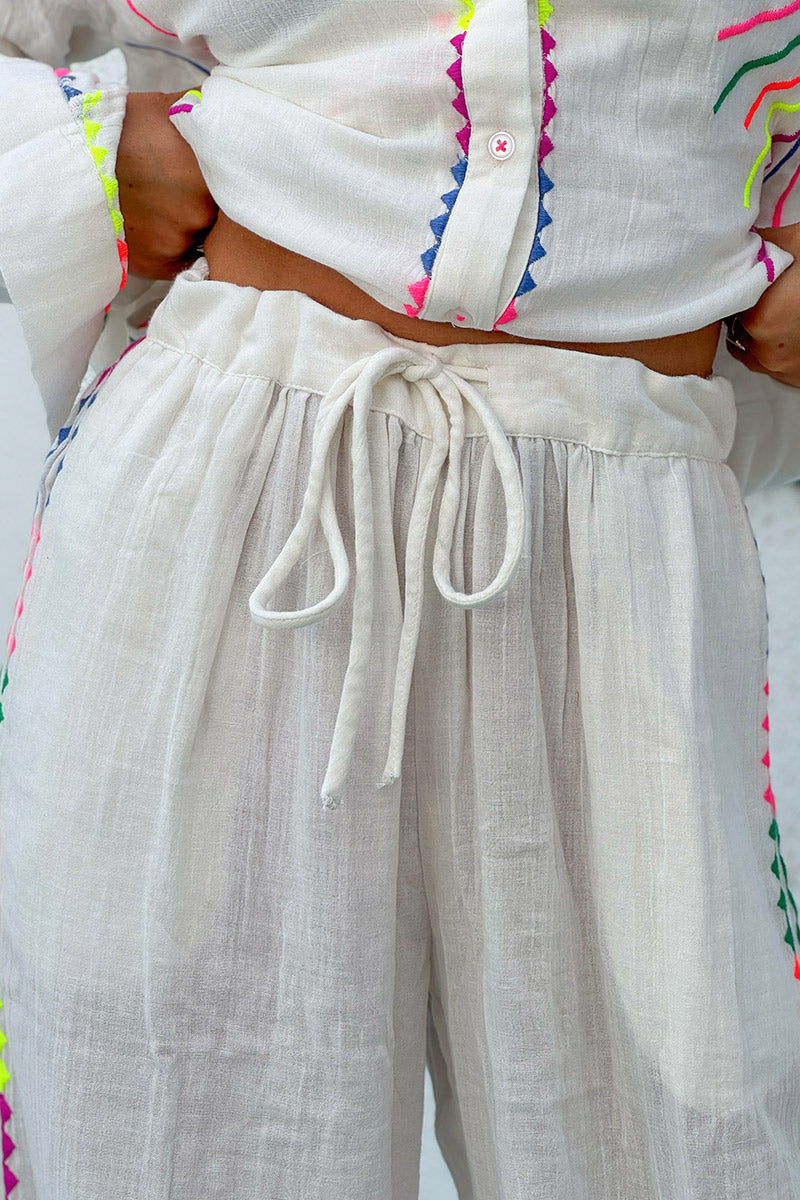 White Neon Embroidered Suns Pull-On Pants