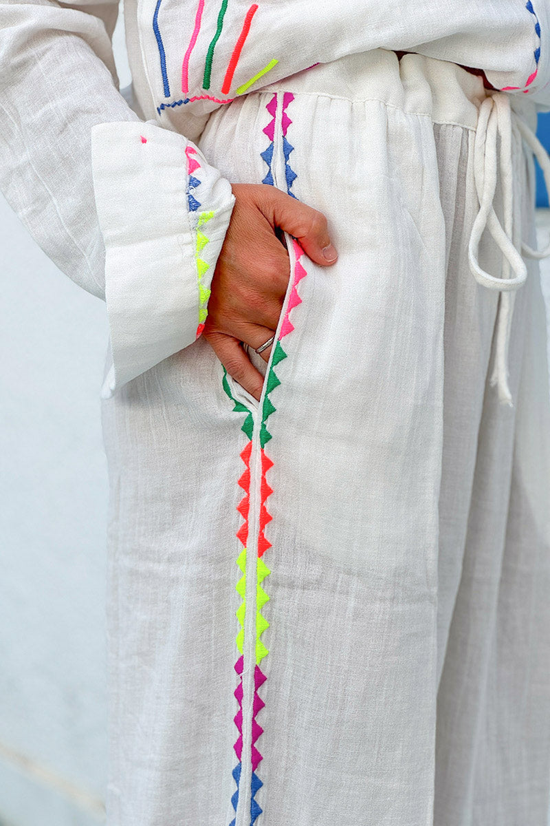 White Neon Embroidered Suns Pull-On Pants