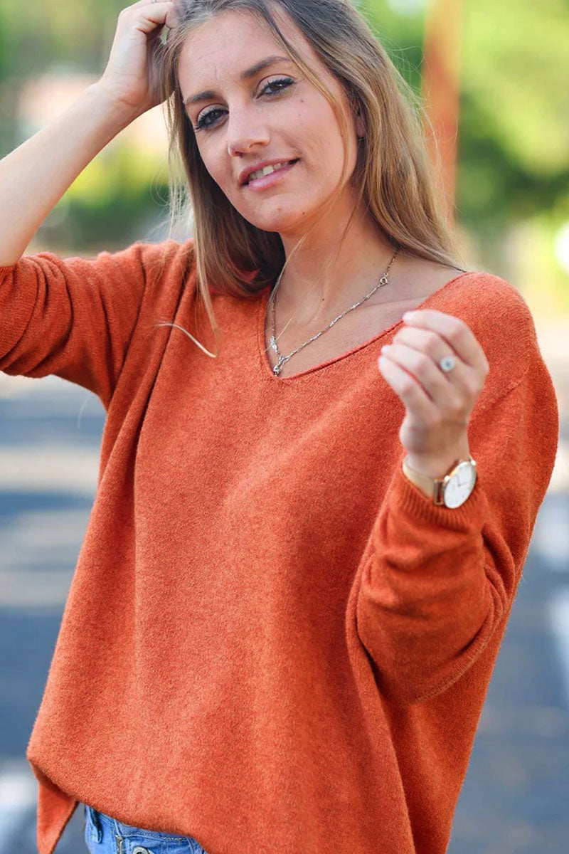 Brick red soft basic V neck sweater