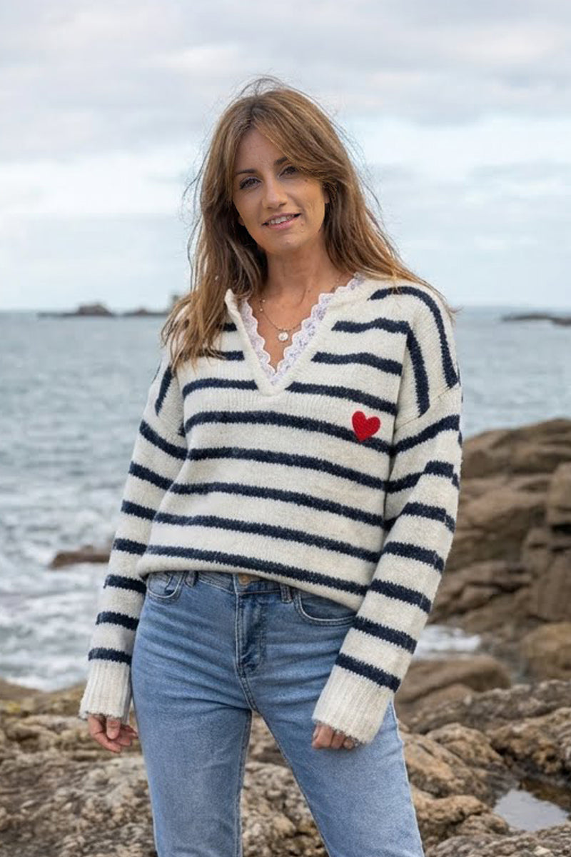 Navy Blue Stripe Vintage Heart Sweater