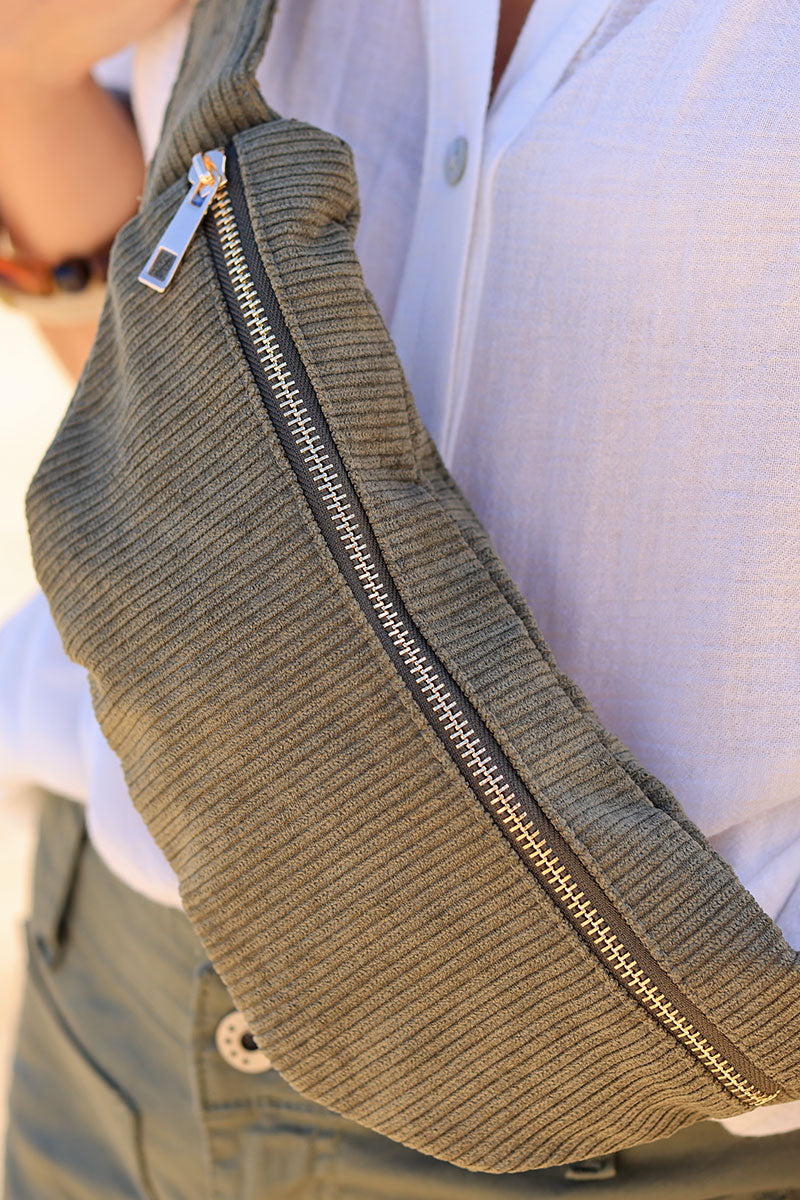 Khaki velvet ribbed bum bag