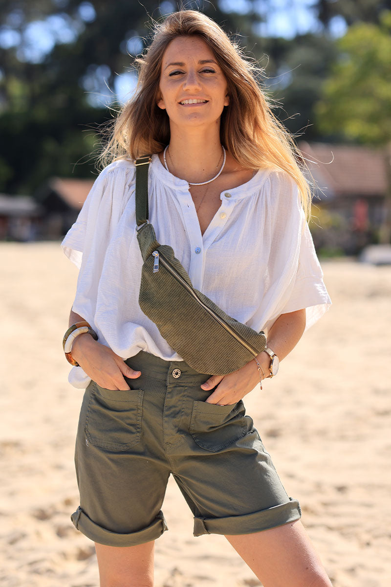 Khaki velvet ribbed bum bag
