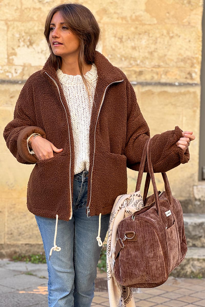 Sac en velours côtelé marron forme bowling bag