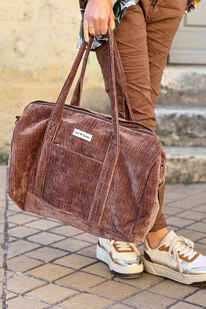 Sac en velours côtelé marron forme bowling bag