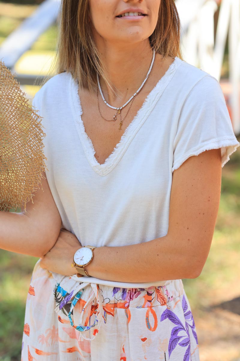 Ecru Stretch Cotton Tee with Raw Hems