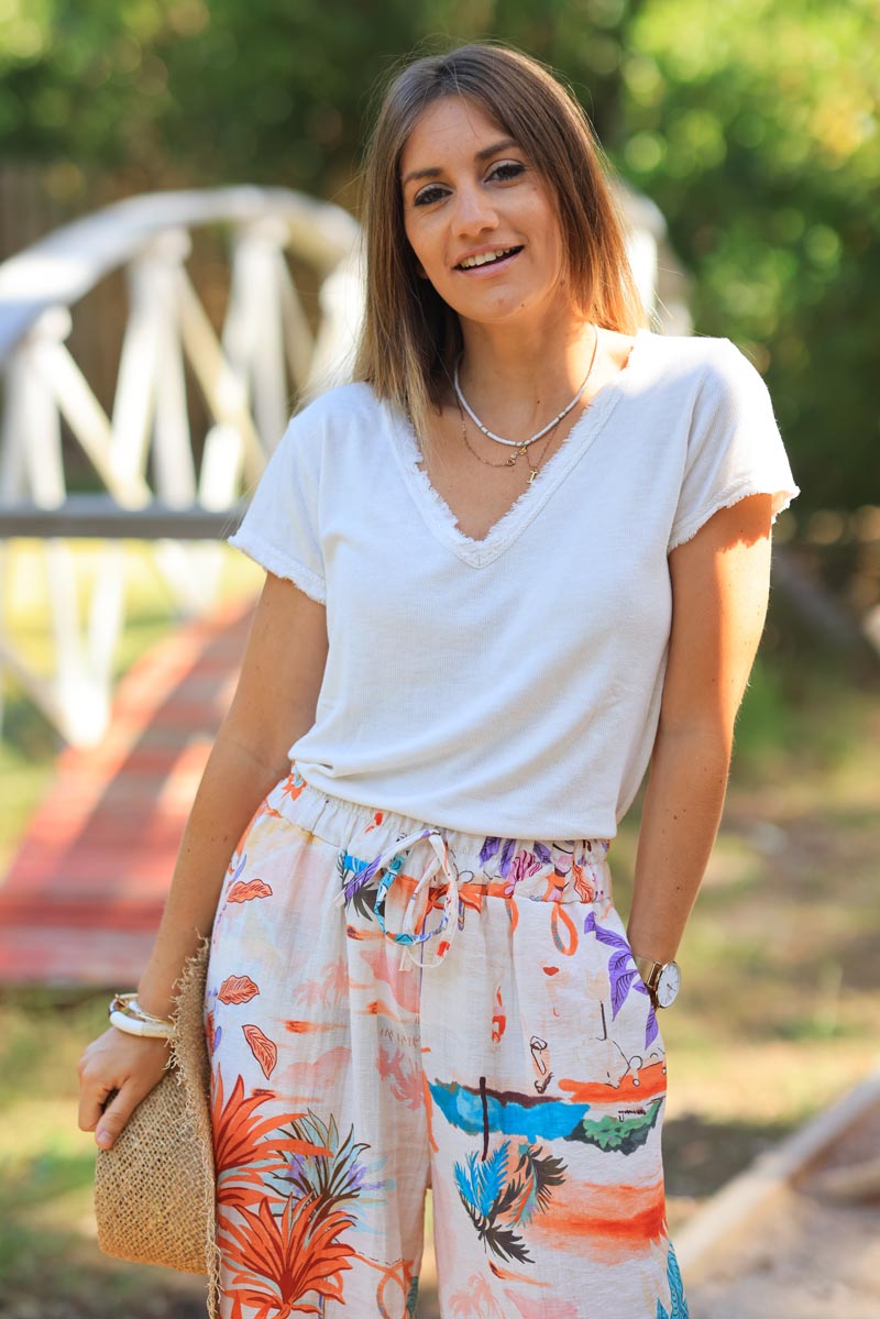 Ecru Stretch Cotton Tee with Raw Hems