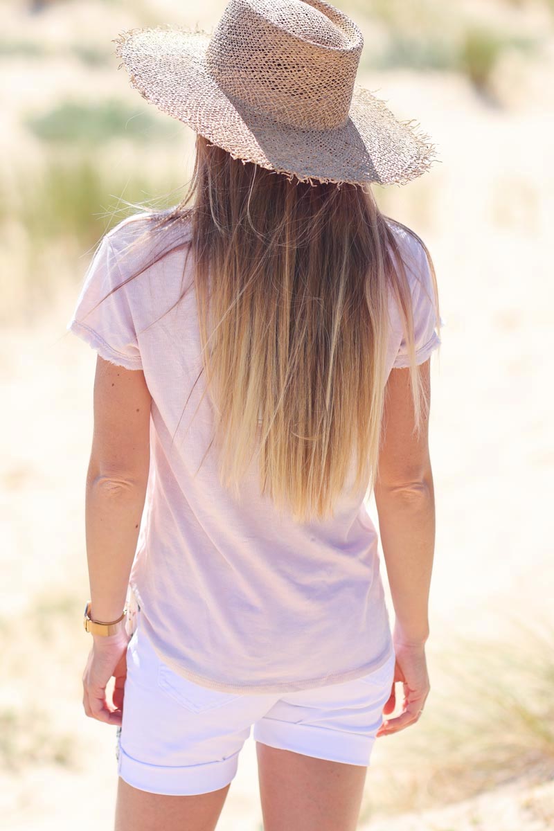 Tshirt coton stretch rose poudre finitions petites franges