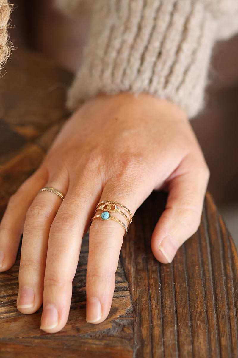 Bague dor e trio anneaux perle turquoise Horizons Lointains