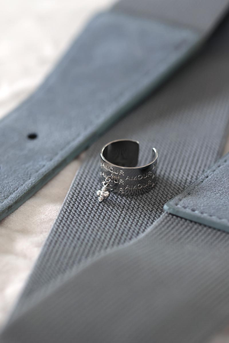 Bague anneau large argenté amour pendentif trèfle bijoux pour femme H005