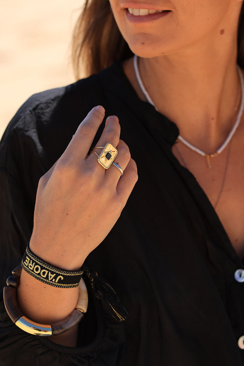 Gold rectangular adjustable ring with black onyx stone