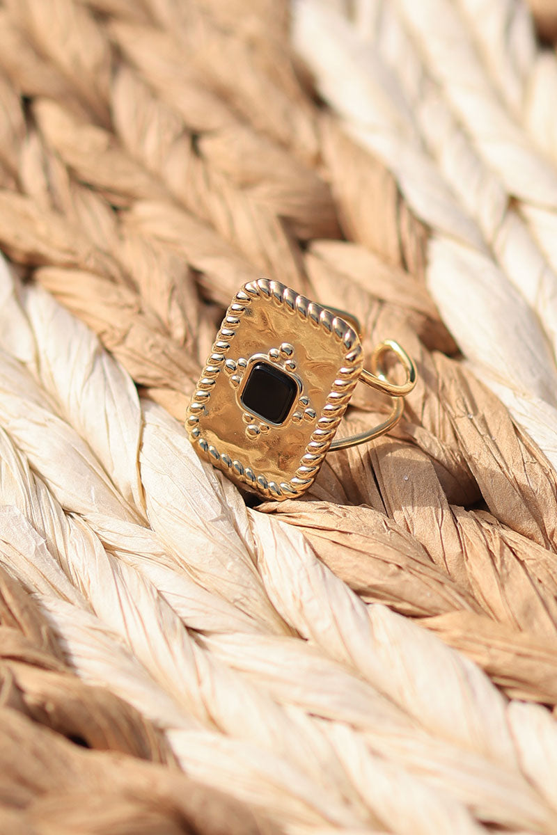 Gold rectangular adjustable ring with black onyx stone
