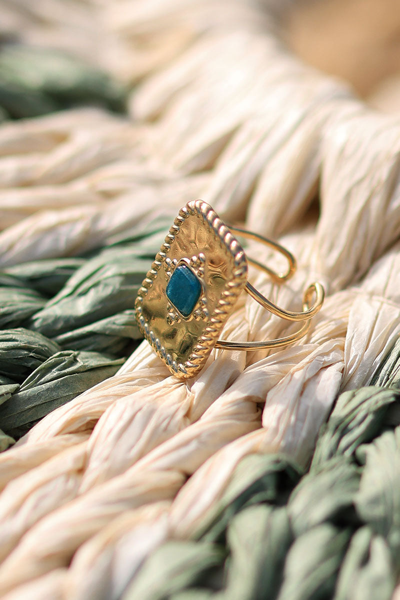 Gold rectangular adjustable ring with turquoise stone