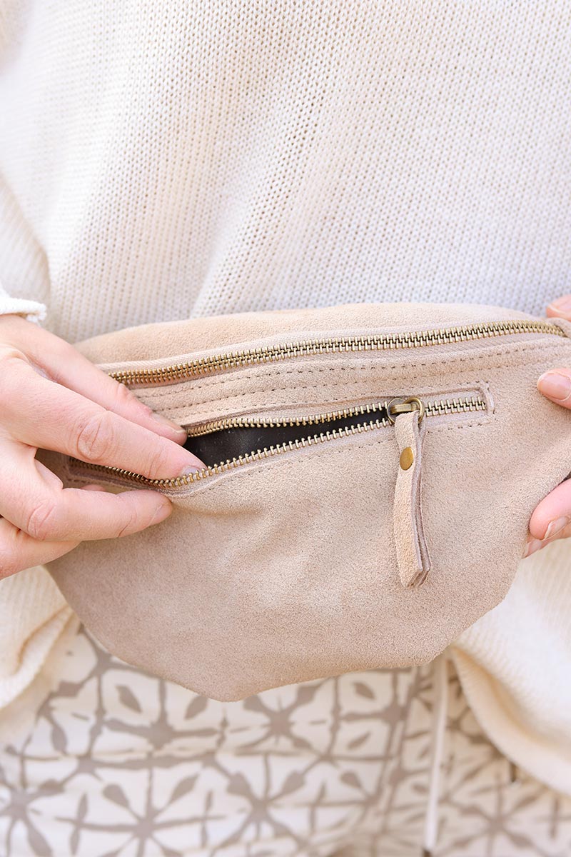Beige suede leather shoulder bag with double zipped pockets
