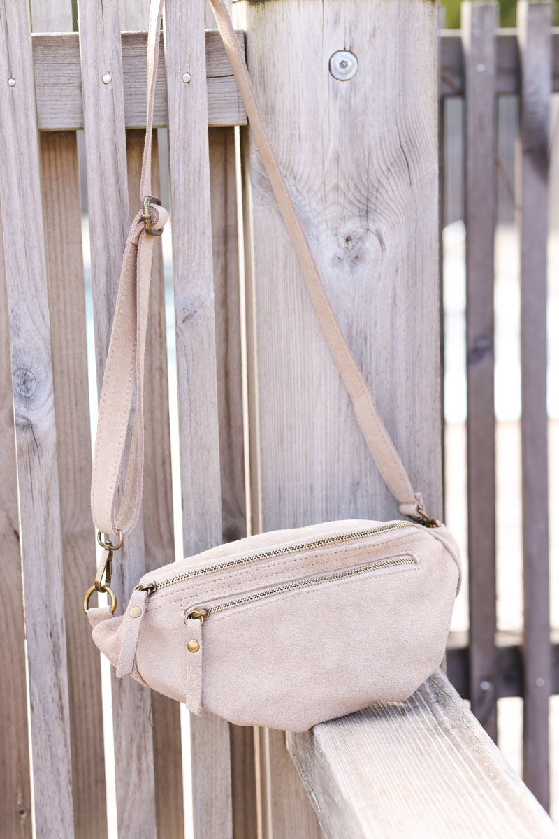 Beige suede leather shoulder bag with double zipped pockets