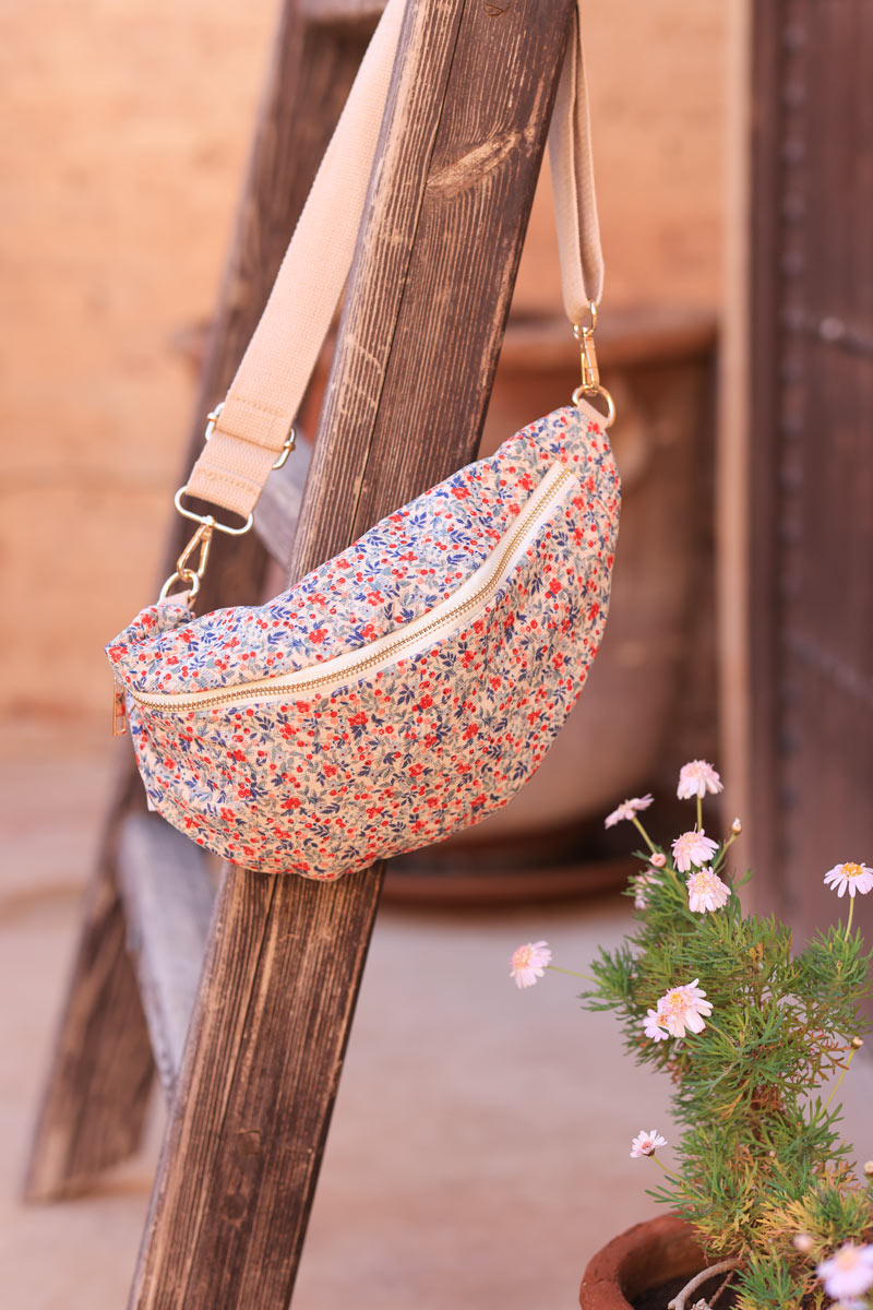 Bum bag fanny pack in beige corduroy with floral libery print