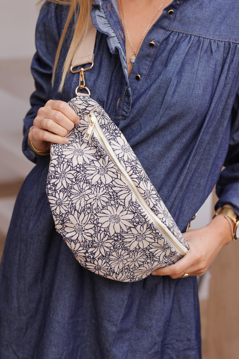 Bum bag fanny pack in beige and black daisy print