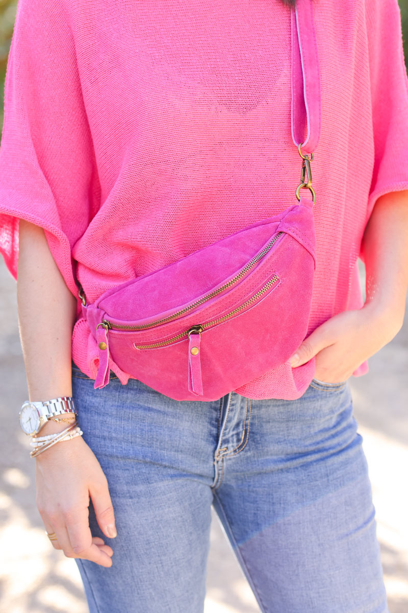 Fuchsia suede leather shoulder bag with double zipped pockets