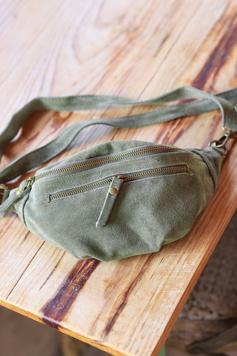 Khaki suede leather shoulder bag with double zipped pockets