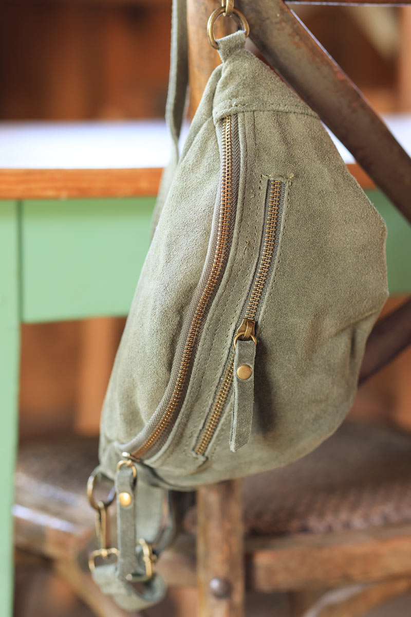 Khaki suede leather shoulder bag with double zipped pockets